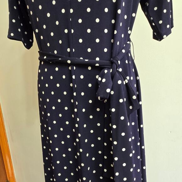 Chaus NY Women Classic Preppy Staple Navy White Polka Dot Faux Wrap Maxi Dress L - Picture 3 of 9